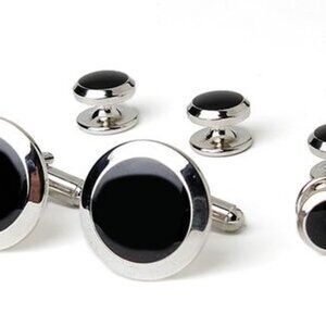Jet Black Wide Band Cufflinks and Studs Formal Set Silver Trim